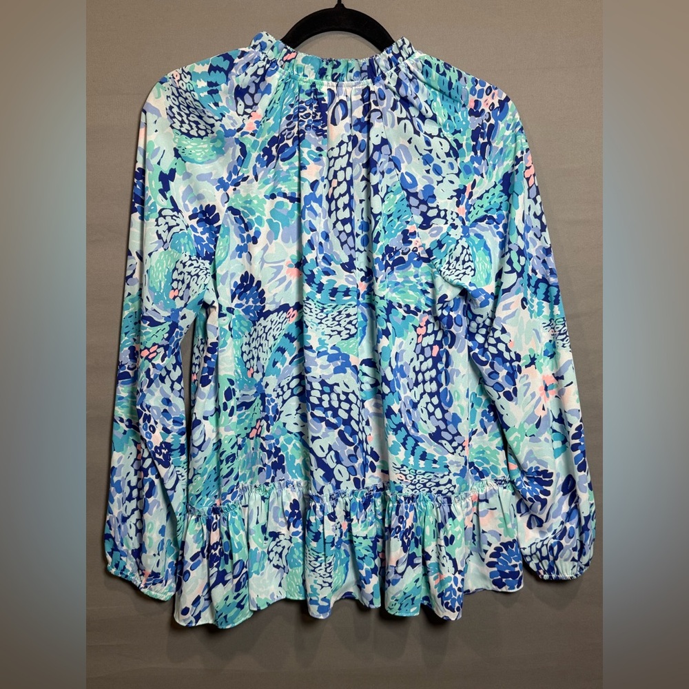 Lilly Pulitzer Savanna Printed Ruffle Hem Blouse in Blue Green Women’s Size S - Picture 8 of 10